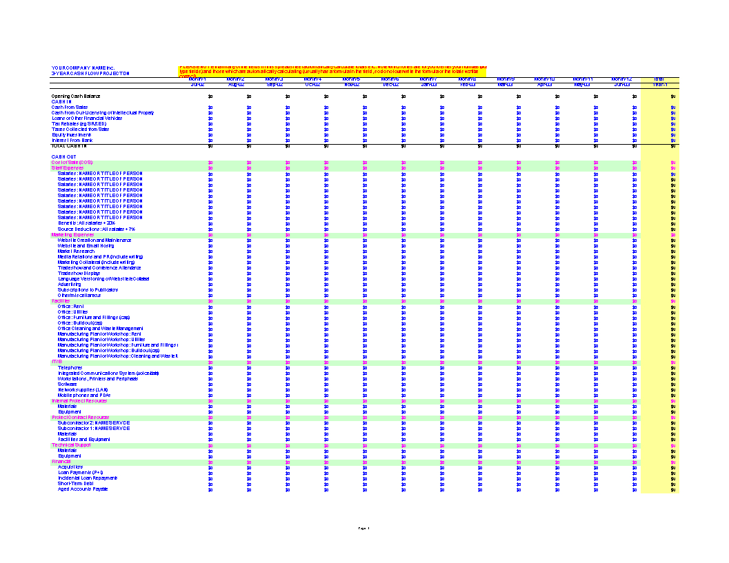 Cash Flow Projection Spreadsheet —