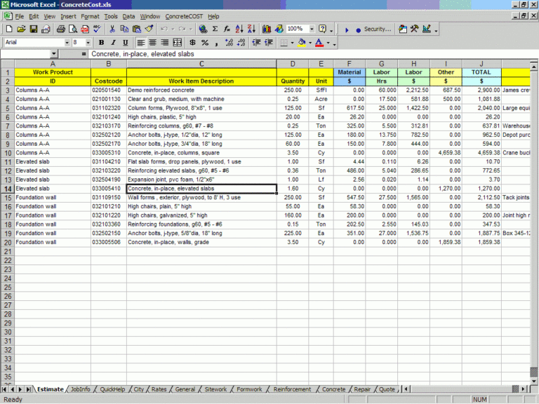Concrete Estimating Excel Spreadsheet —