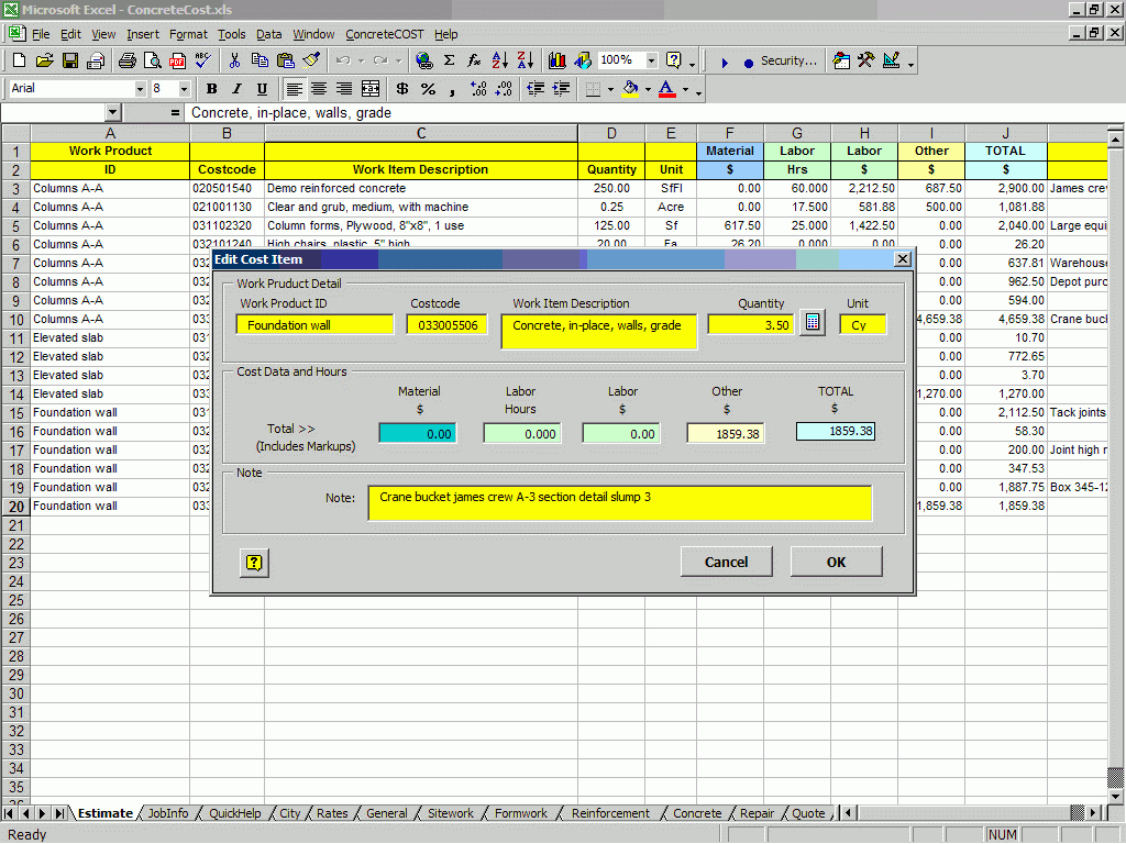 Concrete Estimating Excel Spreadsheet regarding Concrete Construction