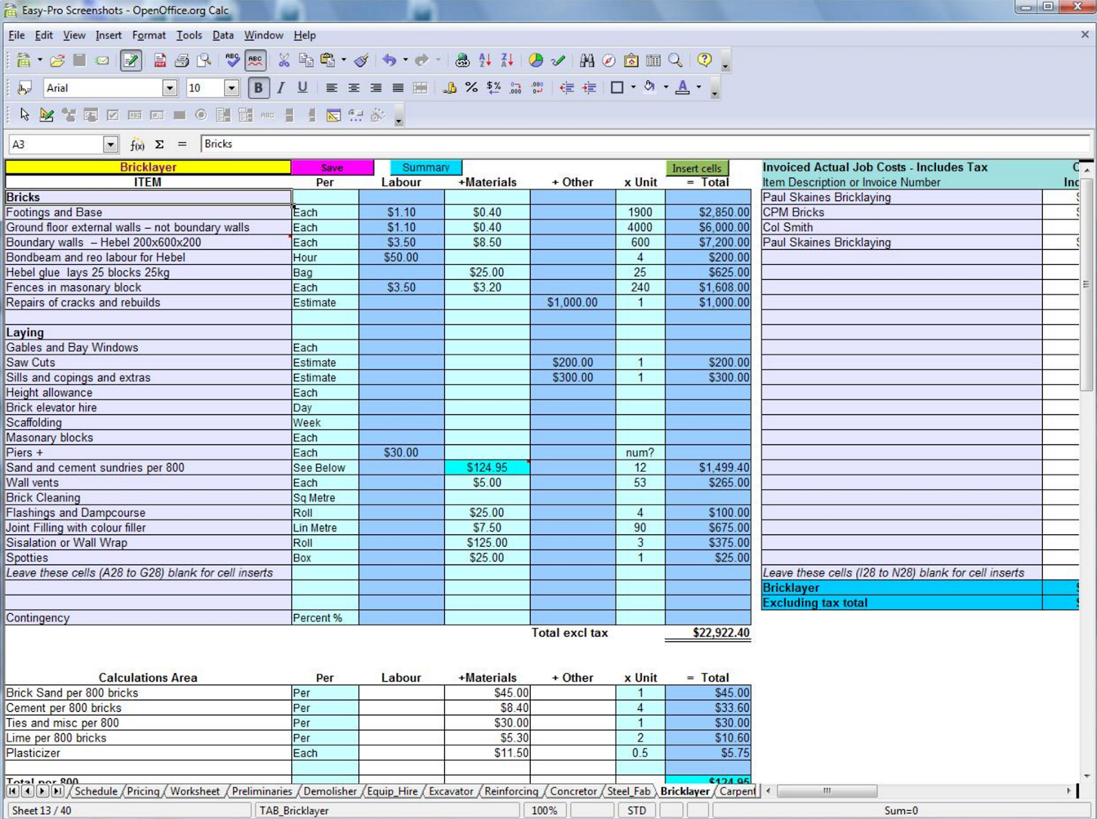 Construction Management Spreadsheet with Estimating Construction