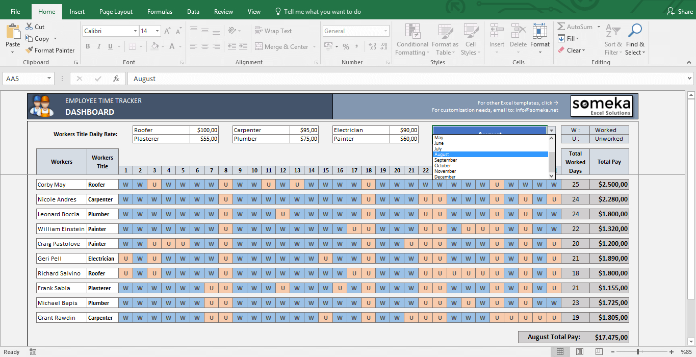 Employee Time Tracking Excel Spreadsheet —