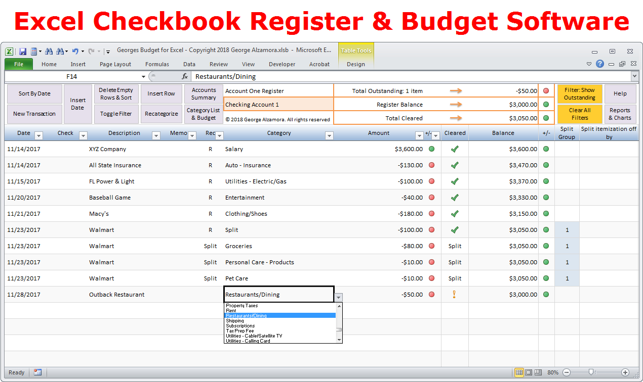 Excel Checkbook Spreadsheet for Excel Budget Spreadsheet Personal