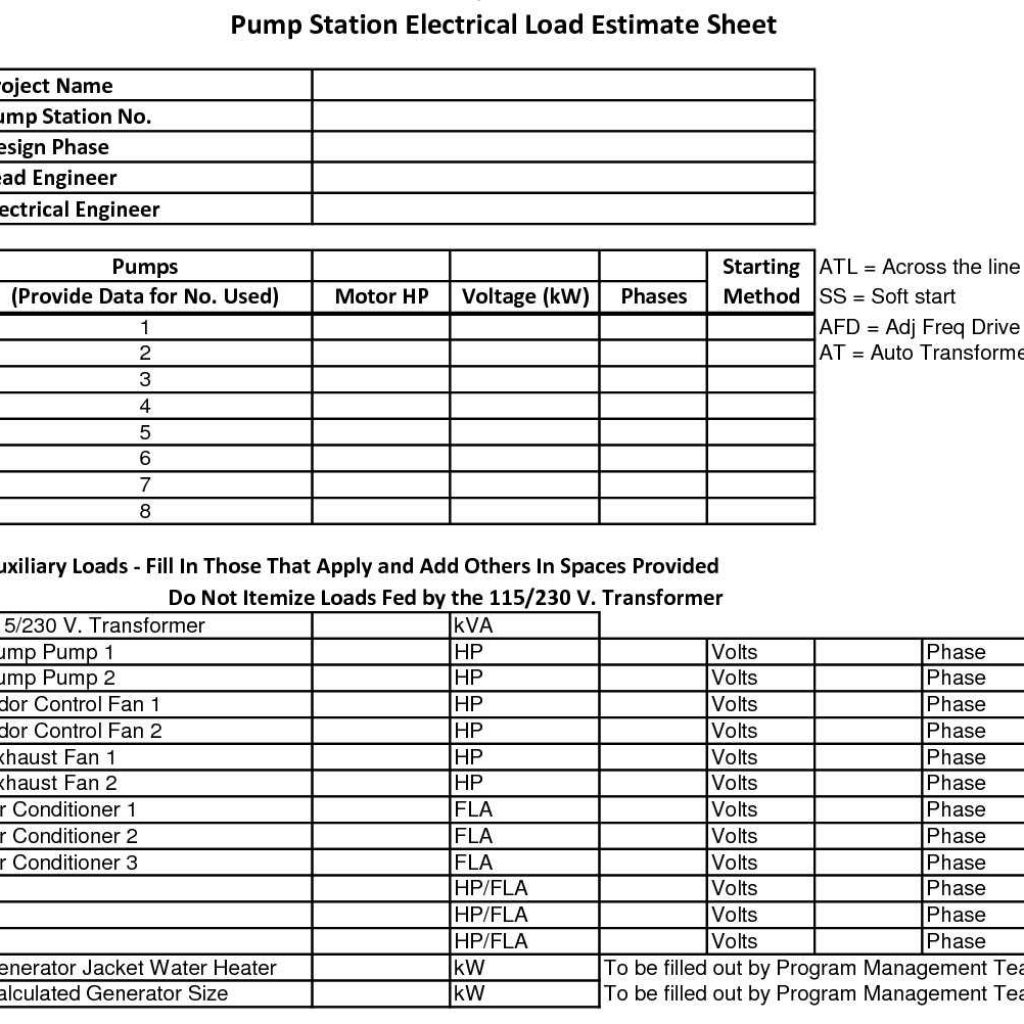 Excel Engineering Spreadsheets inside Electrical Load Estimating Sheet