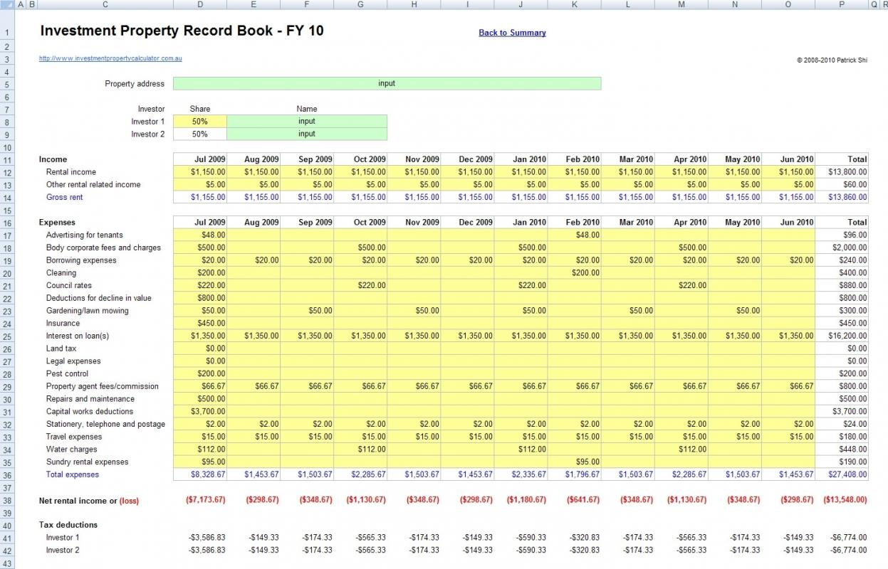 Investment Property Spreadsheet Excel with regard to Example Of