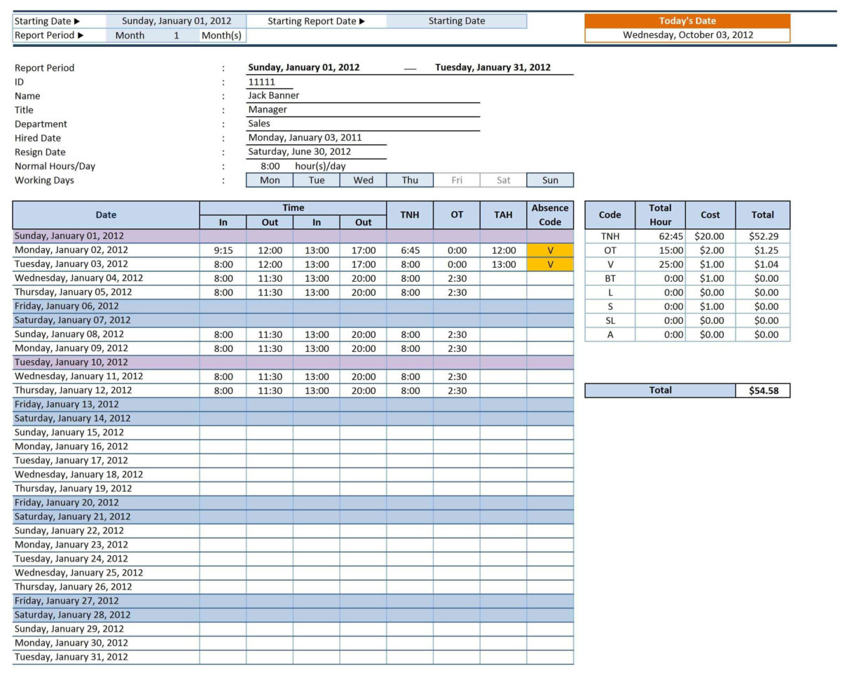 Labor Hour Tracking Spreadsheet pertaining to Excel Timesheet Template