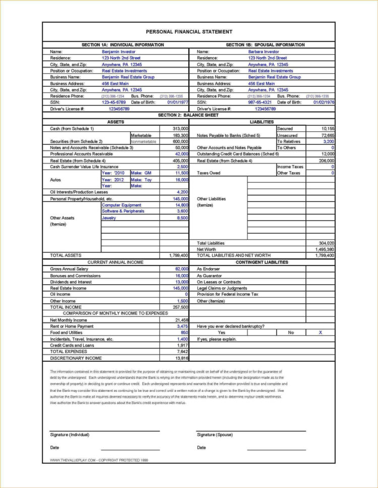 Personal Financial Statement Spreadsheet for 018 Free Personal Financial Statement Template