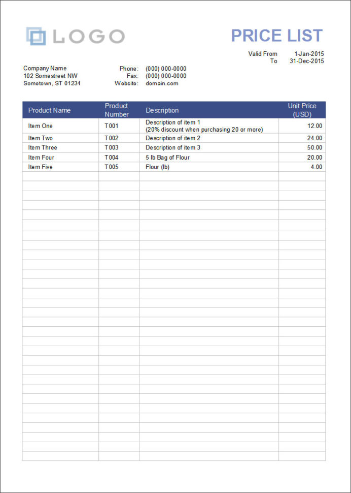 Product Pricing Spreadsheet intended for 25+ Price List Templates Doc