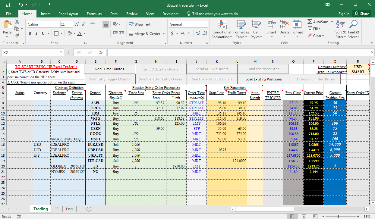 Share Excel Spreadsheet inside Interactive Brokers Excel Trader Trading