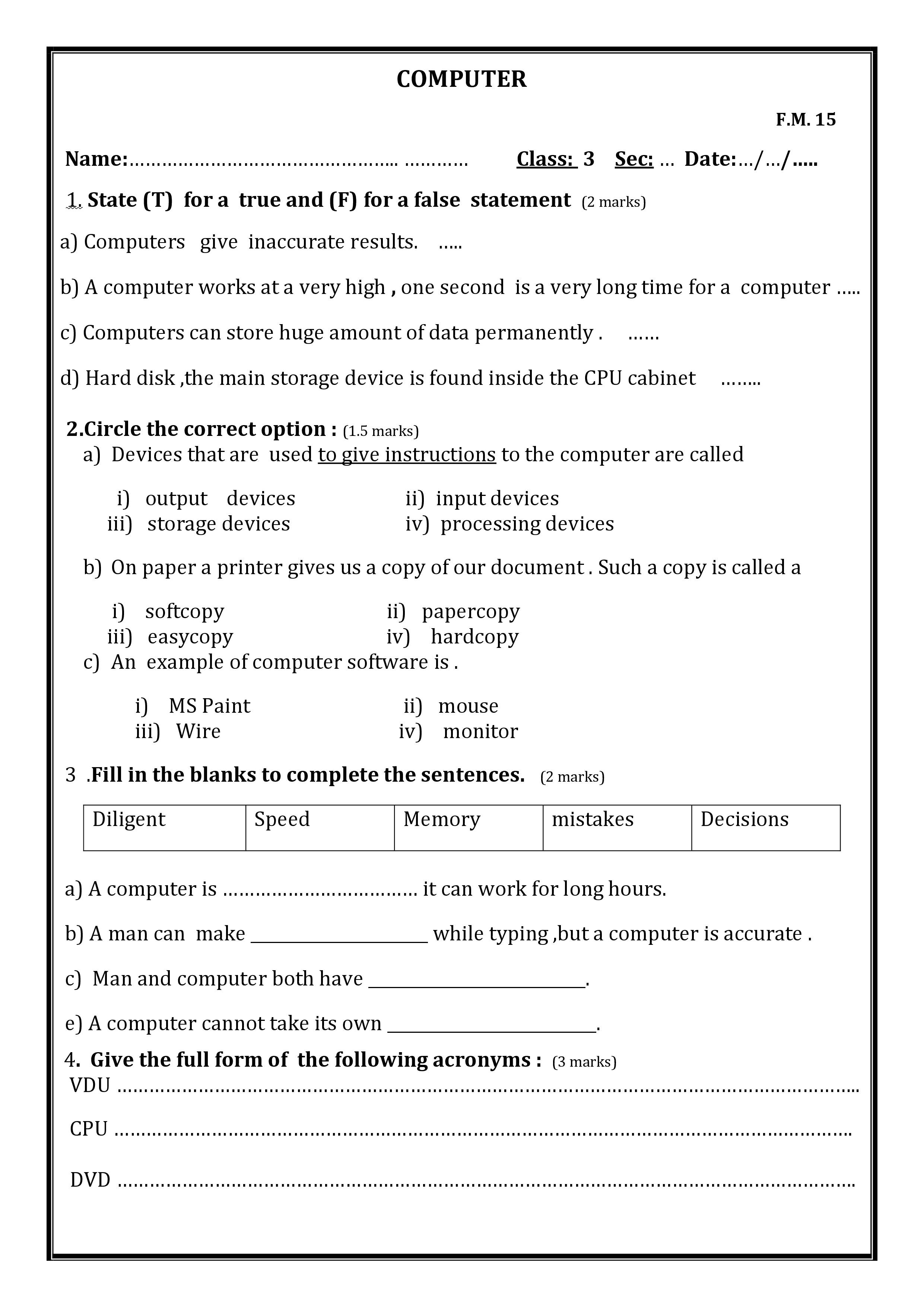 Spreadsheet Class with Worksheets For Computer Class 1 Parts Grade Pdf