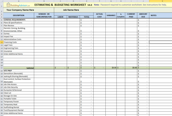 Swimming Pool Budget Spreadsheet —