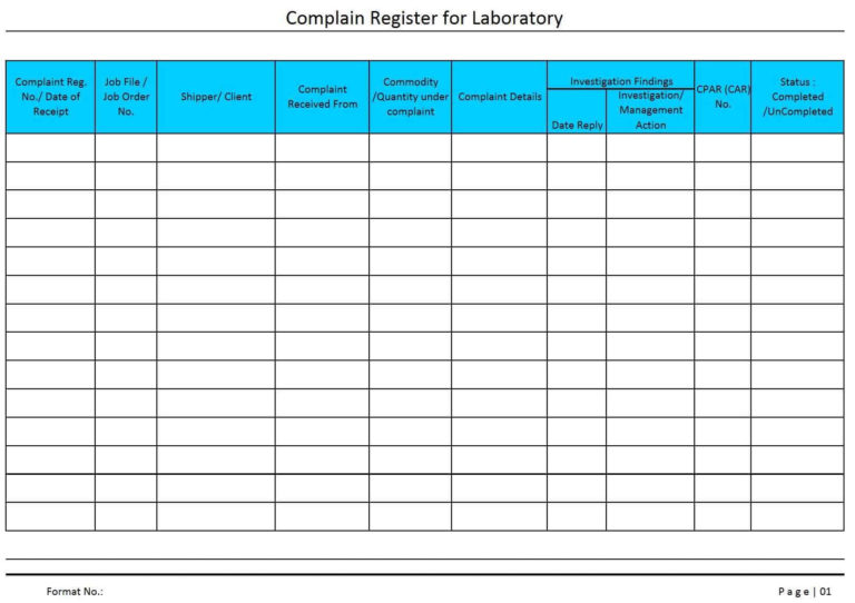 Tracking Complaints Excel Spreadsheet —