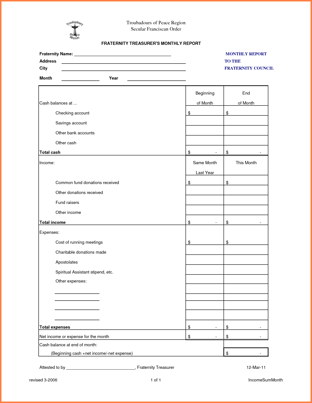 Treasurer's Report Excel Spreadsheet with regard to Treasurers Report