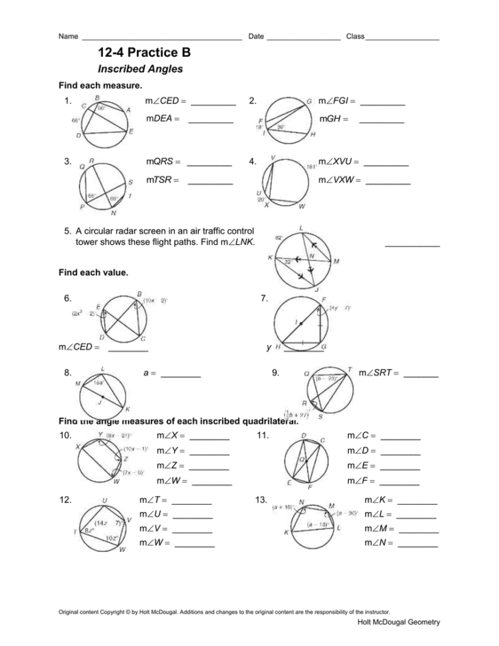 9 4 Practice Worksheet Inscribed Angles —