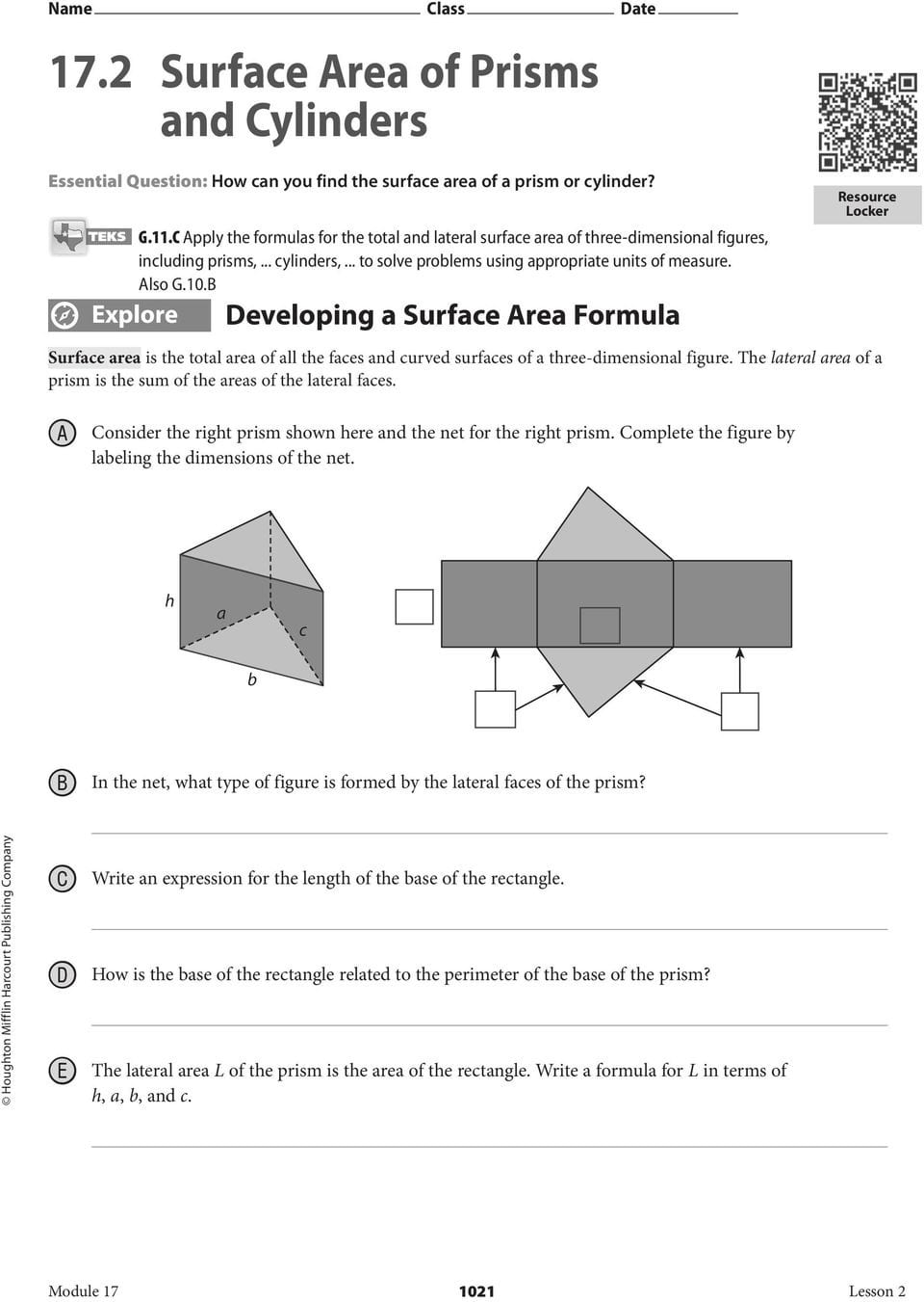 Surface Area Of Prisms And Cylinders Worksheet Answers