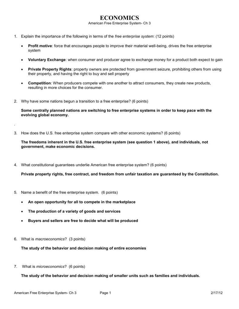 Economic Systems Worksheet Answer Key —
