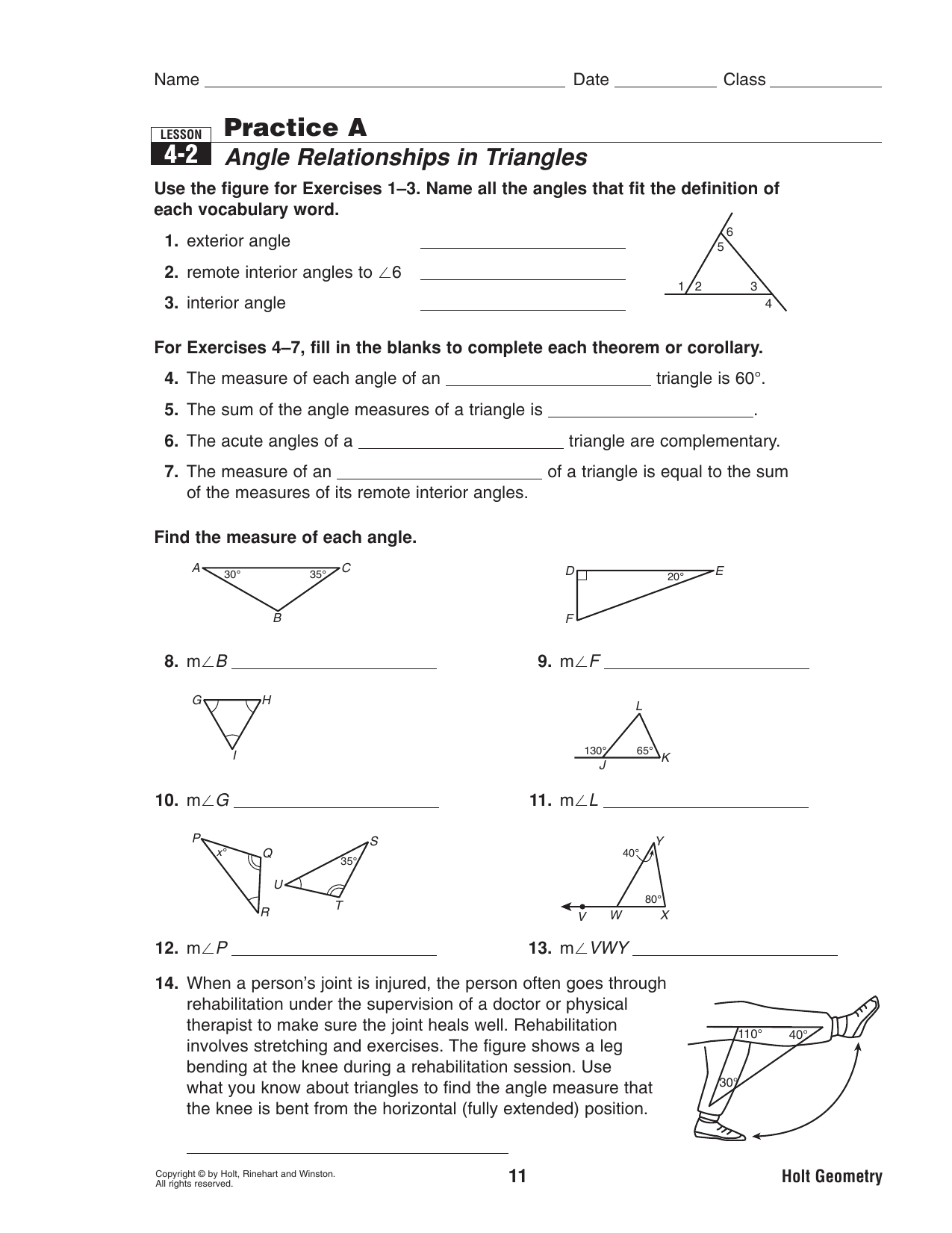 42 Practice A Angle Relationships In Triangles —