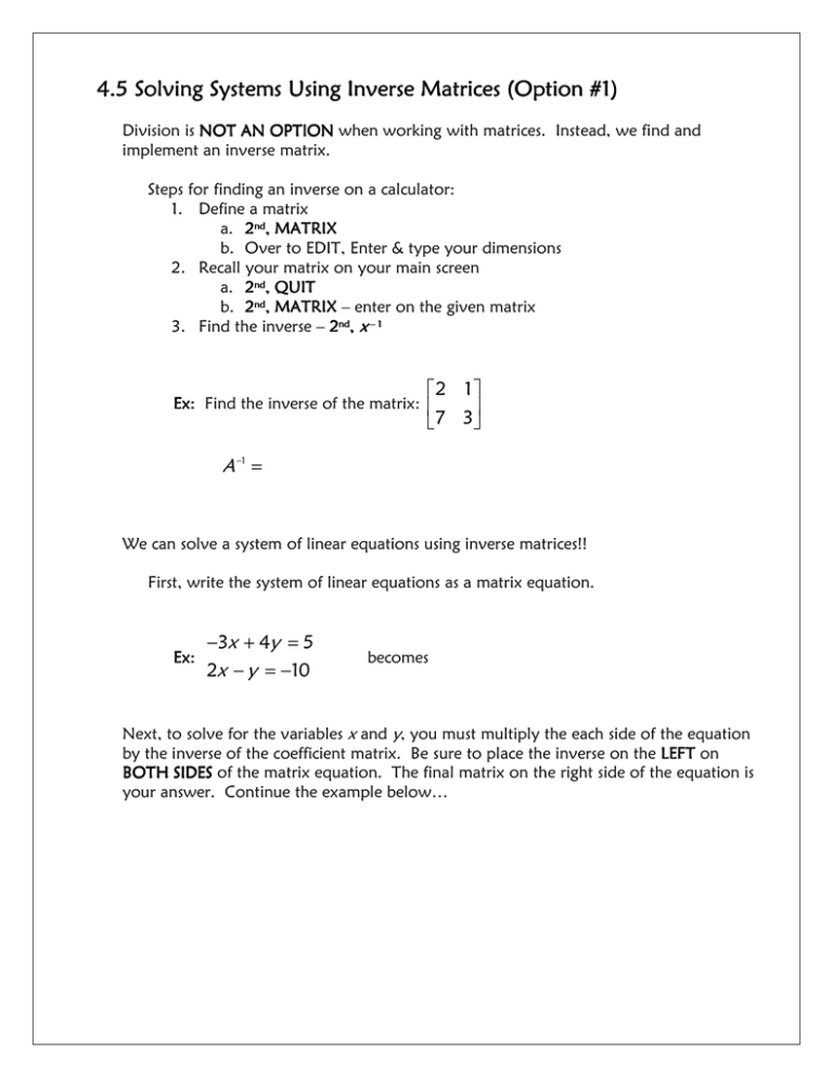 Solving Systems Of Equations Using Matrices Worksheet