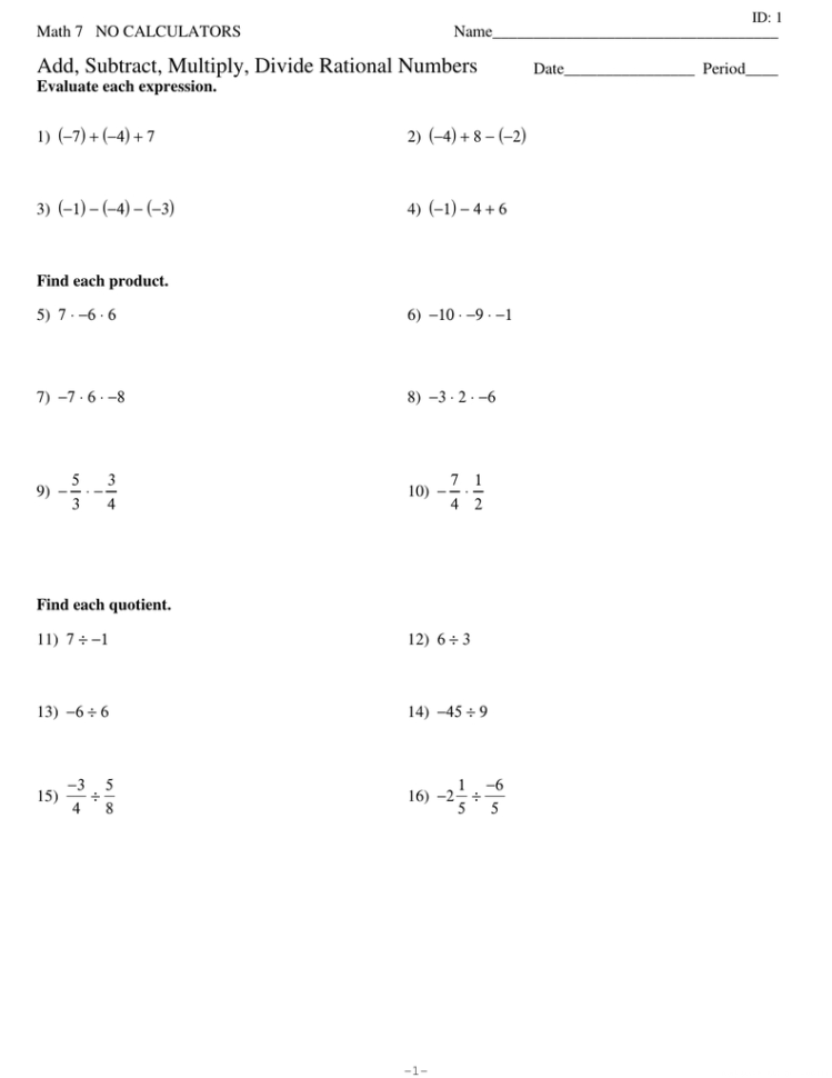Add Subtract Multiply Divide Rational Numbers —