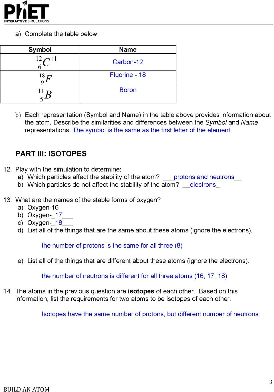 Answer Key Build An Atom Part I Atom Screen Build An Atom —