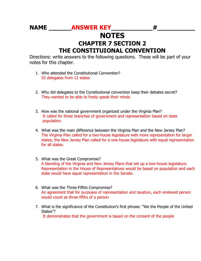 The Constitutional Convention Worksheet Answer Key —