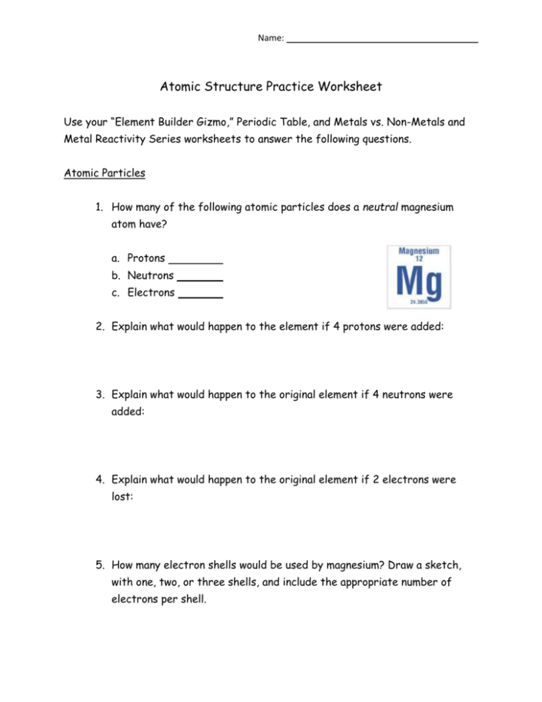Atomic Structure Practice Worksheet Answers —