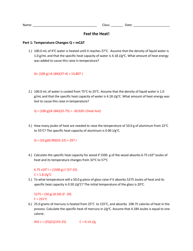 Calculating Specific Heat Worksheet Answers —