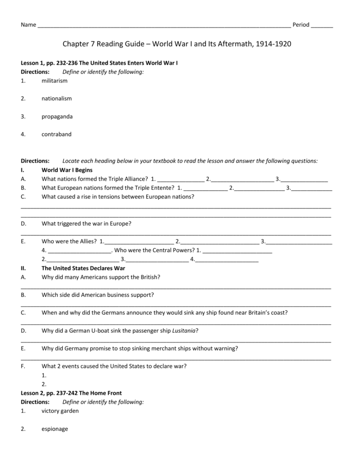 World War 1 And Its Aftermath Worksheet Answers —