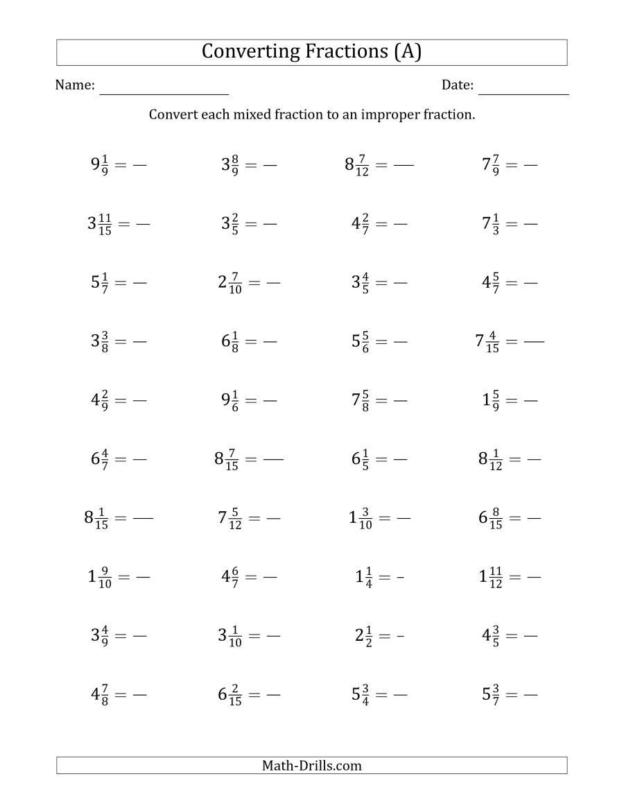 Converting Mixed Fractions To Improper Fractions A —
