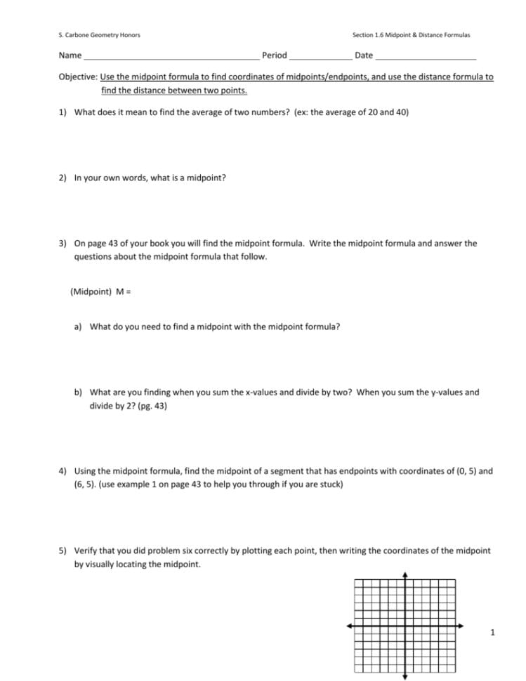 Midpoint And Distance Formula Worksheet With Answers — db