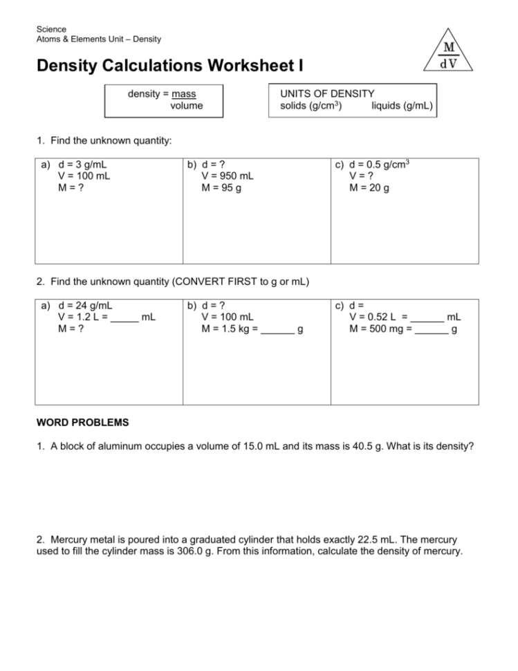 Density Calculations Worksheet Answer Key —