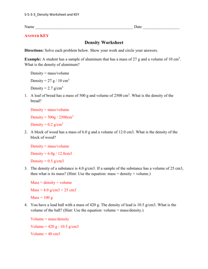 Density Practice Worksheet Answers —