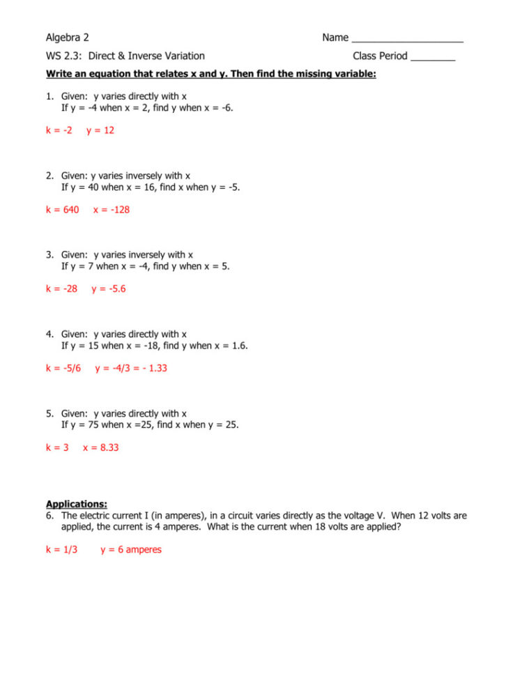 Direct And Inverse Variation Word Problems Worksheet With