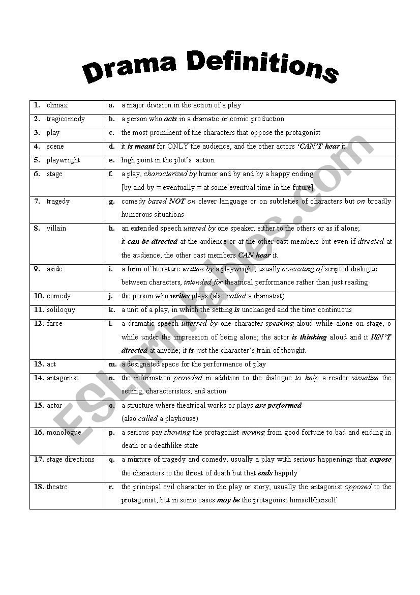 Drama Glossary Matching Activity With Answer Key Esl Worksheet —