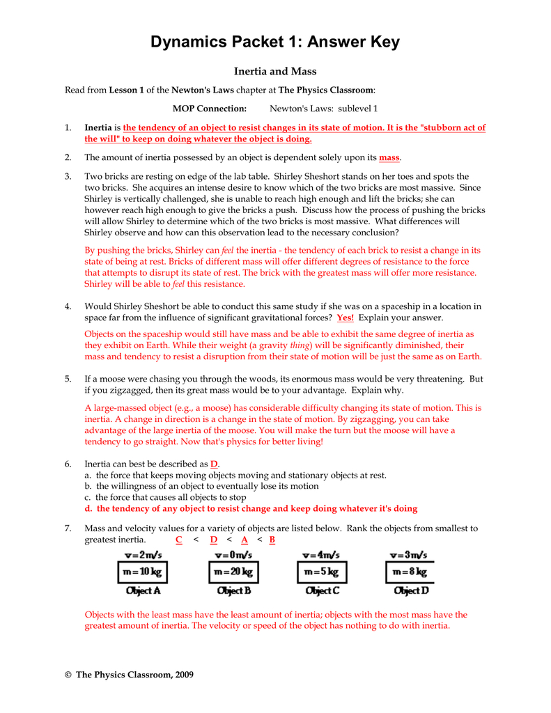 Dynamics Packet 1 Answer Key Inertia And Mass —