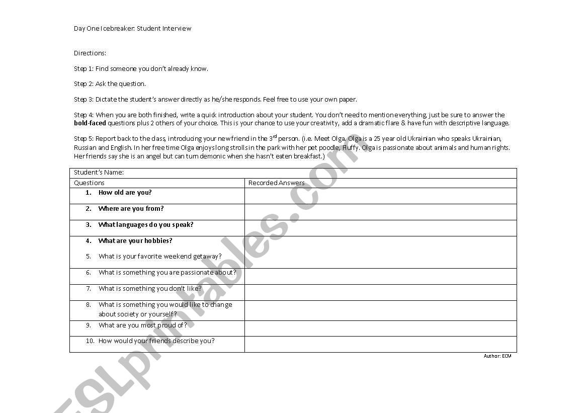 English Worksheets Rls New Student Interview —