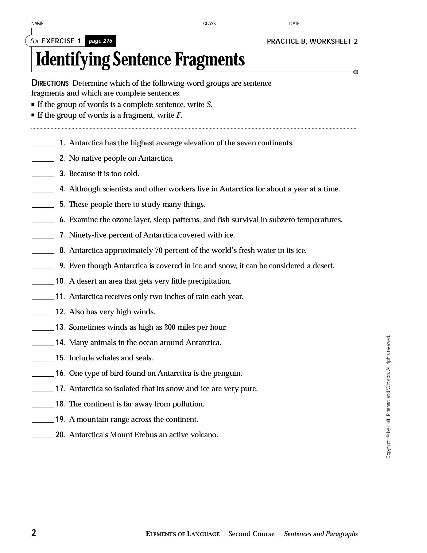 Exercise 1 Practice A Worksheet 1 Identifying Sentence —