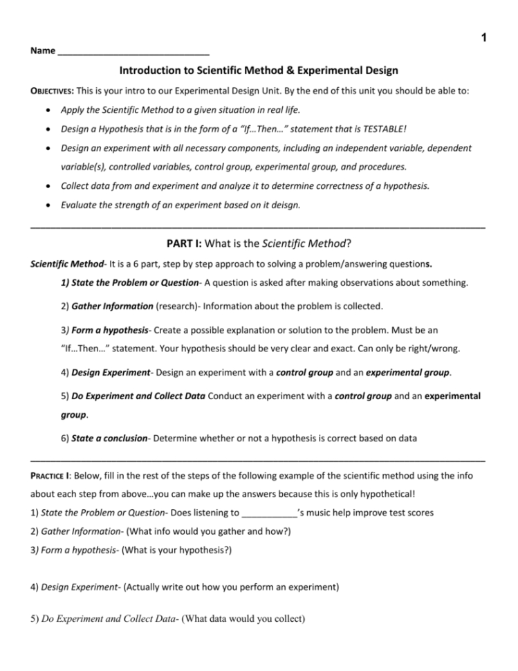 Experimental Design Worksheet Scientific Method —