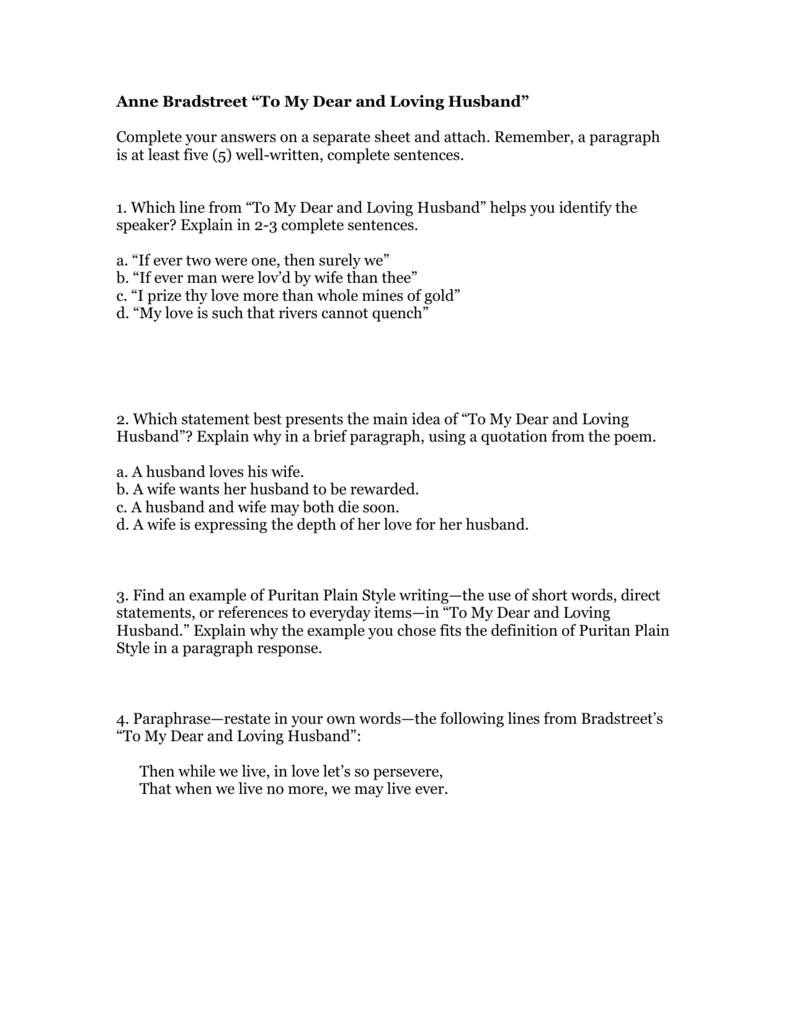 Anne Bradstreet Worksheet Answers —