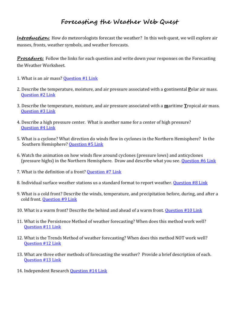 Forecasting Weather Map Worksheet 1 Answers —