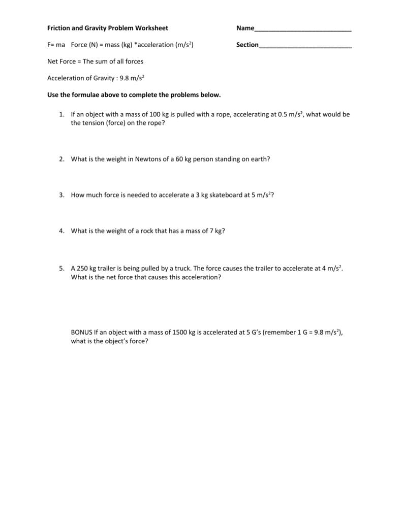 Friction And Gravity Worksheet Answers —