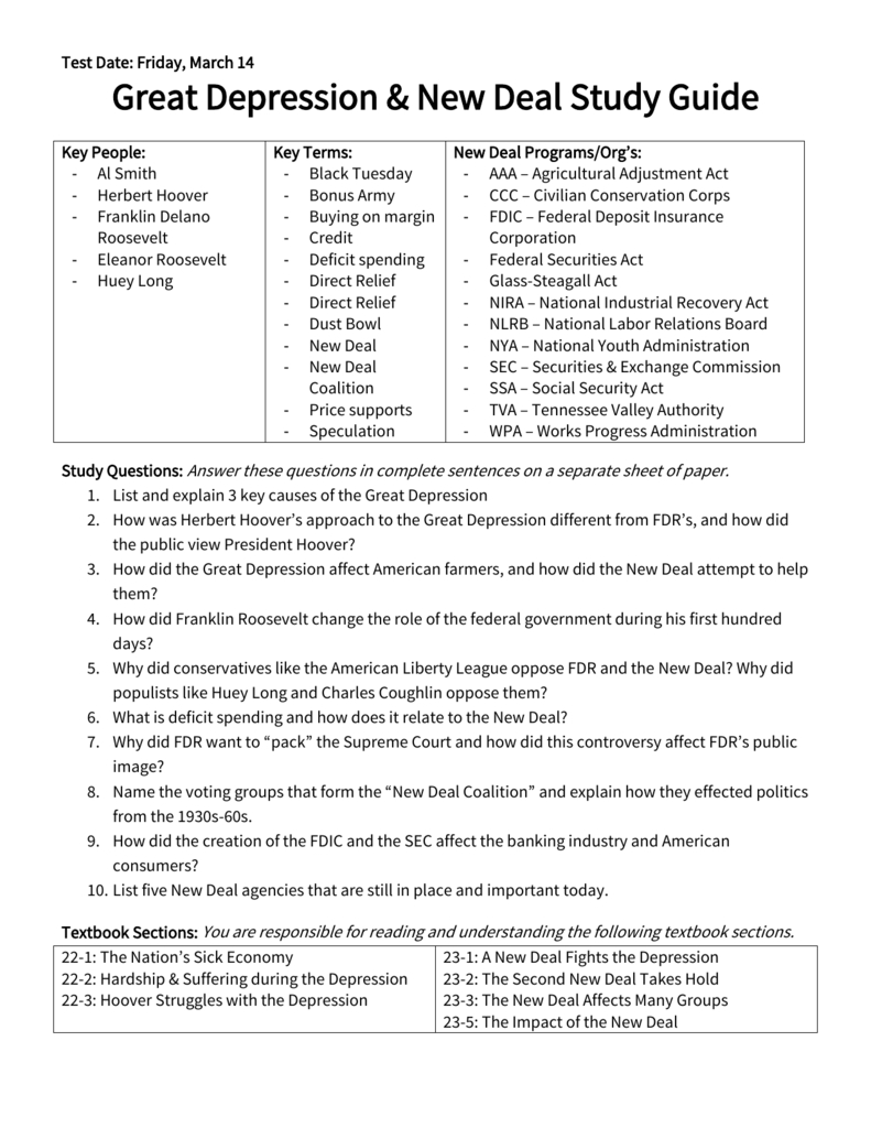 Great Depression New Deal Study Guide —