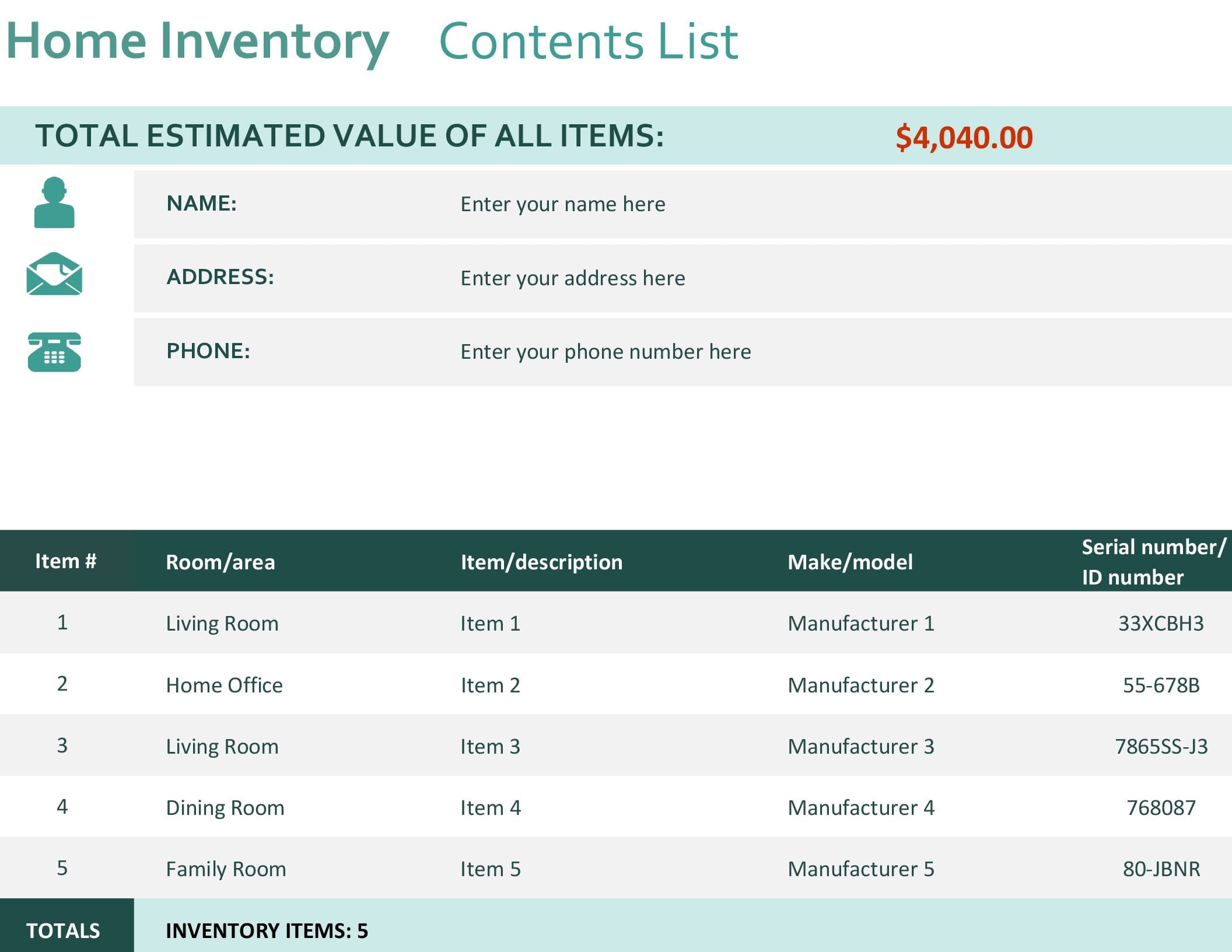 Home Inventory Worksheet —