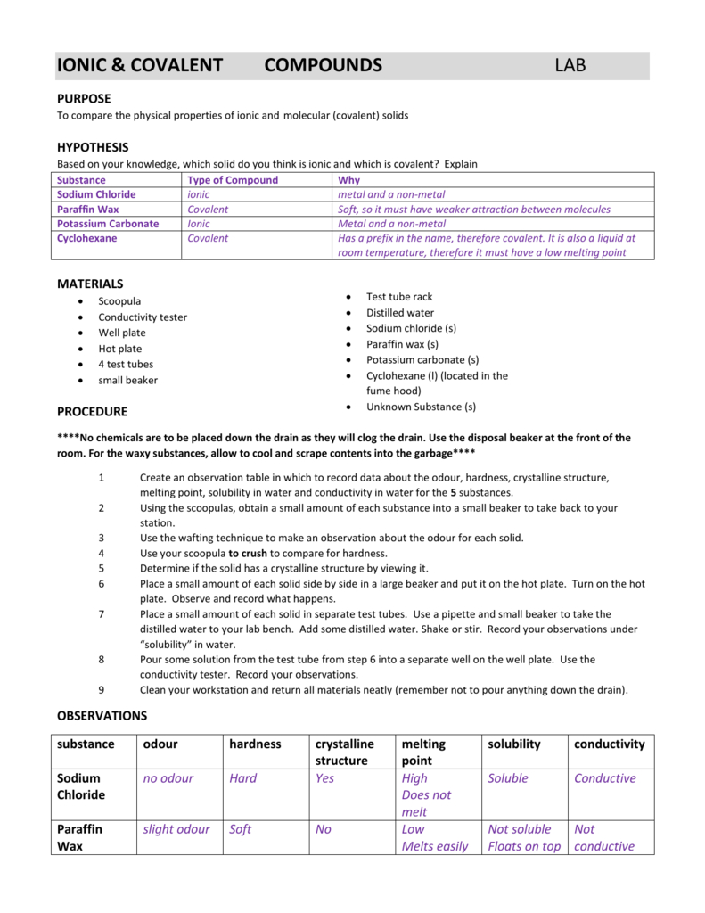 Lab Ionic And Covalent Compounds Solutions —