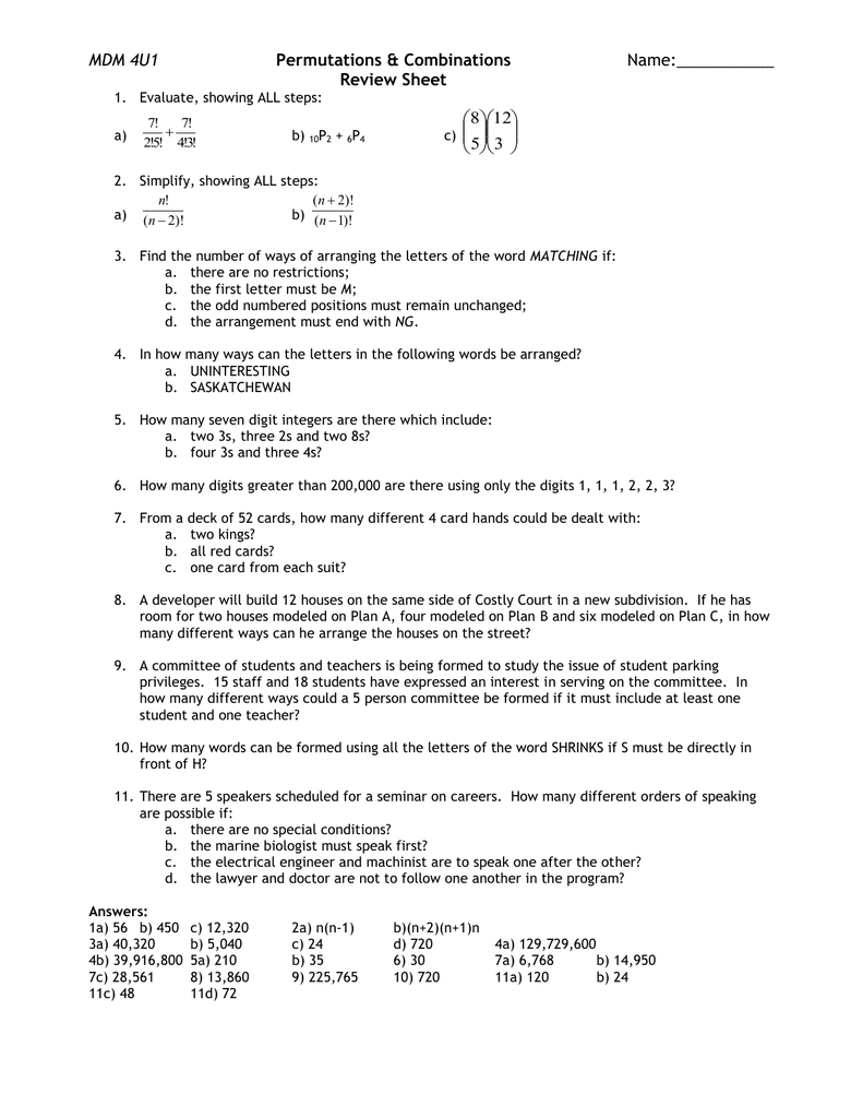 Lesson 7 Permutations Combinations Review Sheet —