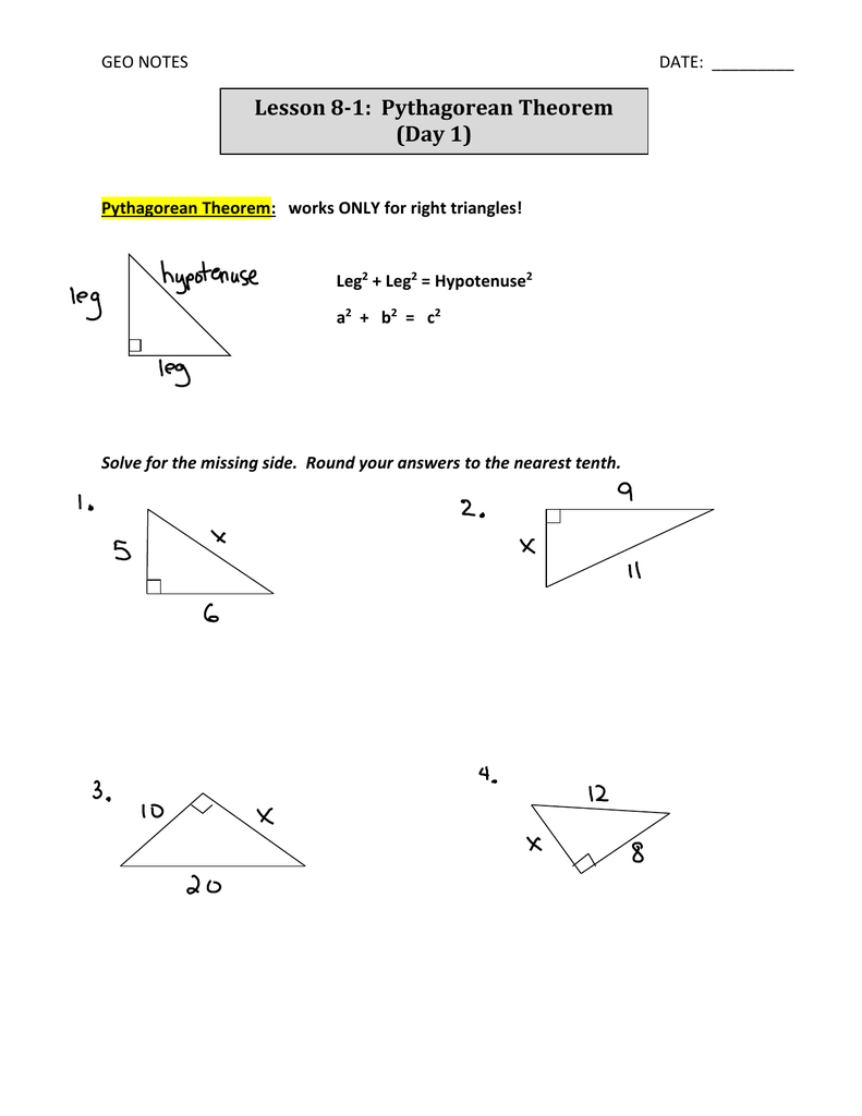 Lesson 81 Pythagorean Theorem Day 1 Geo Notes —