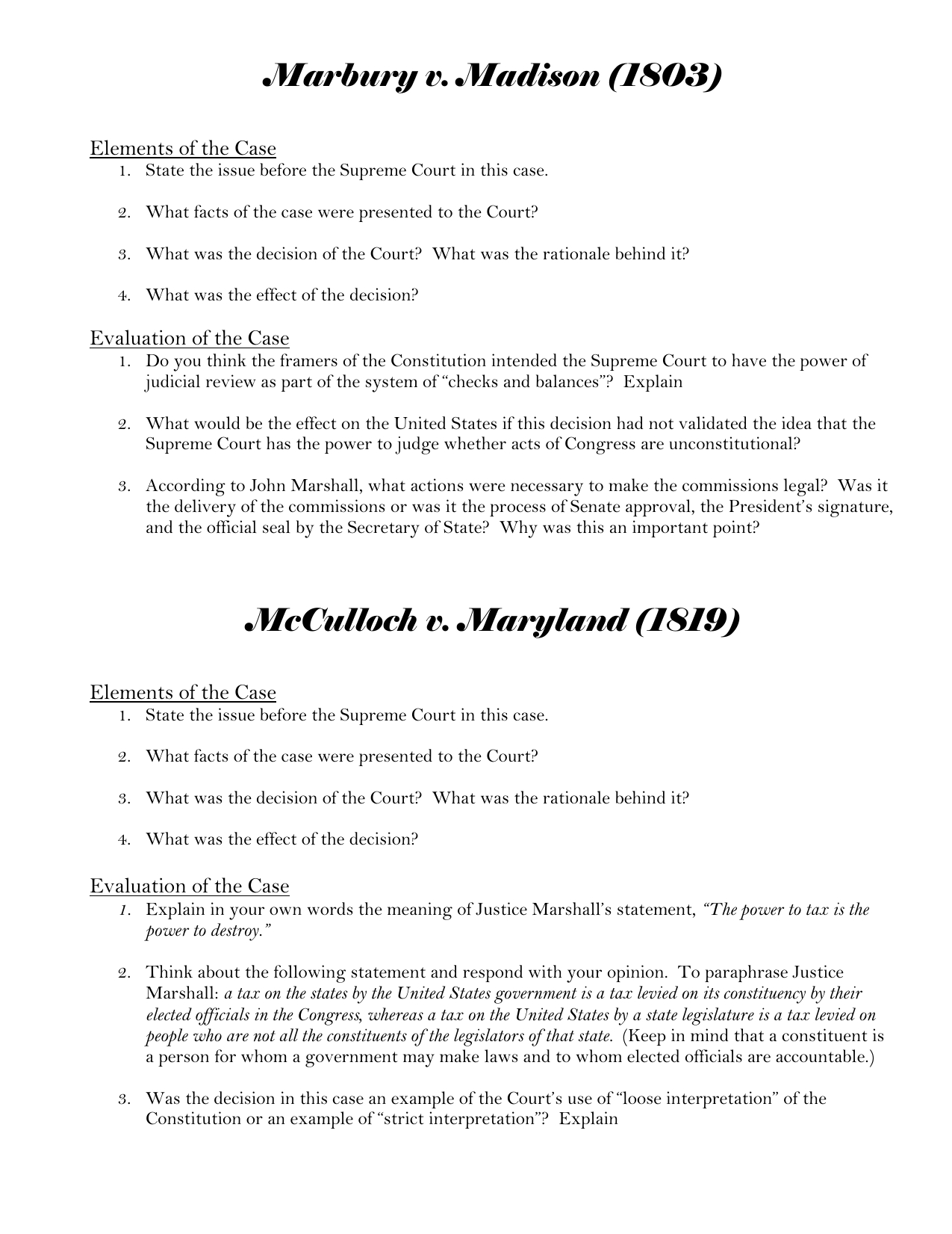 Marbury V Madison 1803 Elements Of The Case State The Issue —