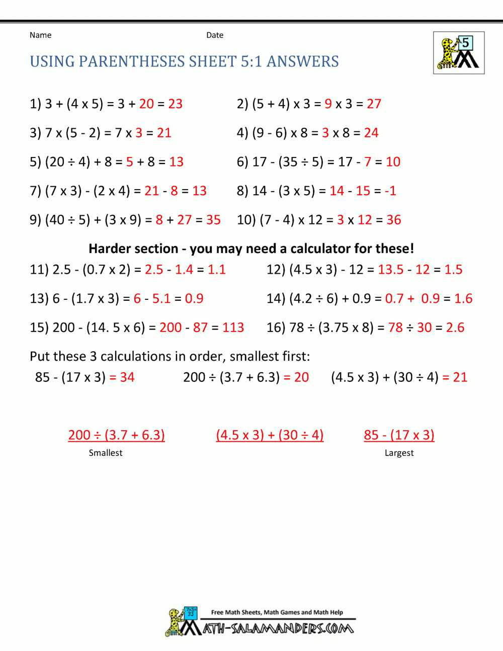 Math Worksheets 5Th Grade Exponents And Parentheses —