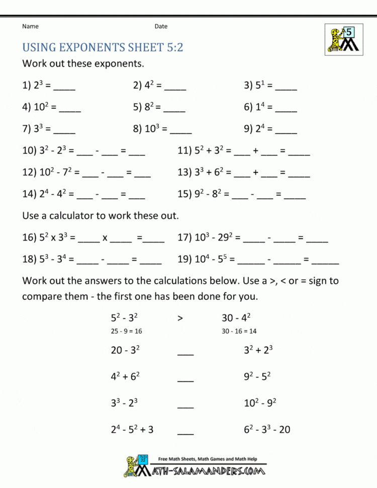 Math Worksheets 5Th Grade Exponents And Parentheses —