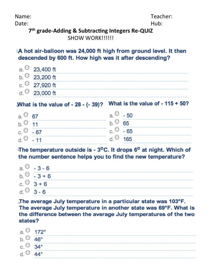 Math Worksheets Adding And Subtracting Integers With Answers —