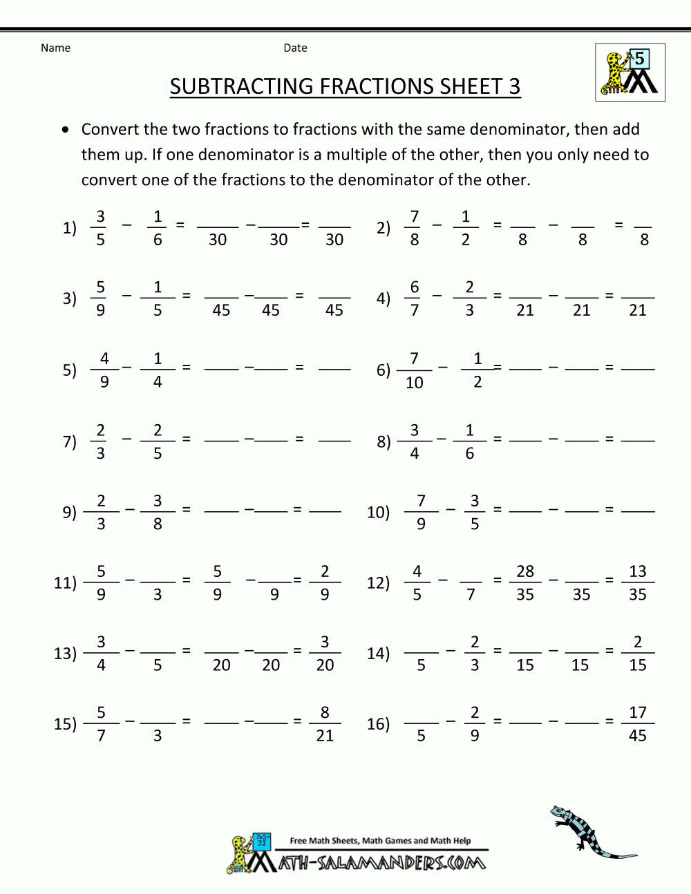 Math Worksheets For 5Th Grade Fractions Printable —